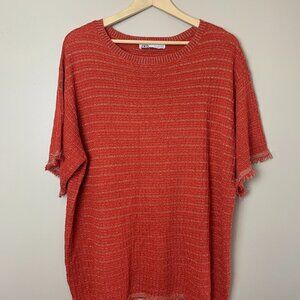Zara Burnt Orange Boxy Oversized Crewneck Short Sleeve Sweater Small